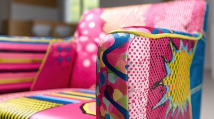 Pop art style chair featuring bold vibrant colors and graphic patterns emphasizing playful and energetic retro design in a creative studio.