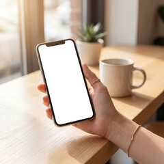 Cozy lifestyle vertical smartphone mockup. A female hand with delicate jewelry holds the phone over a wooden counter next to a warm cup of coffee in a bright cafe or home setting.