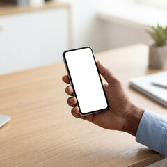 Vertical smartphone mockup. A black male hand holds the device over a clean wooden desk with blurred modern office background, perfect for simple tech presentations.