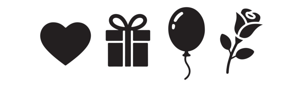 Valentine's day love heart gift balloon and rose flower black silhouette icons set
