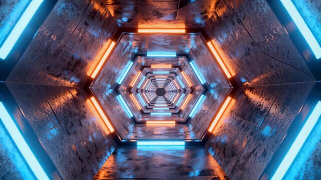 A dynamic tracking shot glides through a futuristic hexagonal corridor, illuminated by pulsating blue and orange neon lights