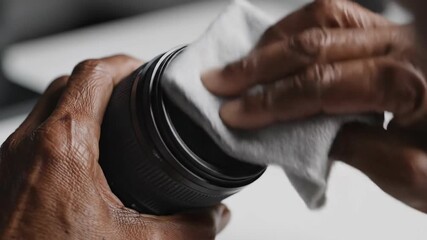 Carefully cleaning camera lens with cloth for optimal clarity and lens protection