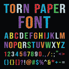 Creative multicolored vector font with torn paper edges. Includes full uppercase alphabet, numbers, and symbols. Perfect for vibrant headings, posters, and modern graphic projects. Colorful Torn Paper