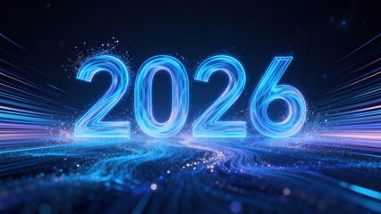 Hyper-realistic New Year 2026 futuristic poster with giant cyberpunk neon 3D text "2026" emitting glowing data chain linked to holographic countdown panel, backdrop of futuristic city nightscape with 