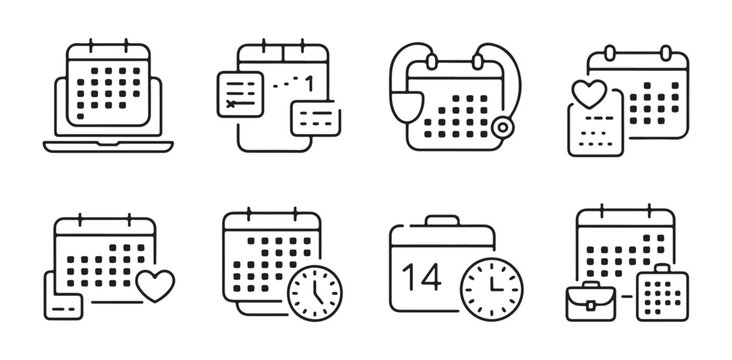 Calendar and scheduling icons set with online planning appointment reminders and deadline symbols - Powered by Adobe