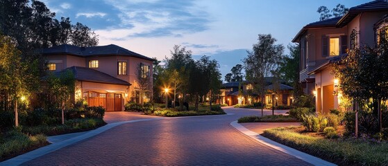 Naklejka premium Luxury residential cul-de-sac with brick paved roads at dusk