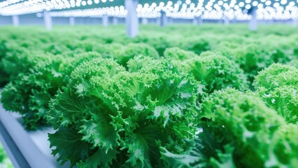 Close-up of vibrant green hydroponic lettuce growing indoors under artificial LED lights in a vertical farm