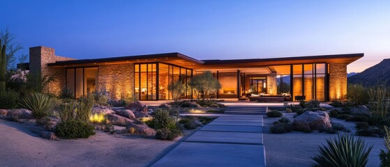 Luxurious desert retreat at twilight with modern architecture and secluded ambience