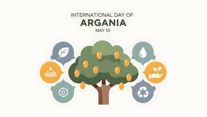International Day of Argania awareness graphic, flat vector illustration with symbolic argan tree, fruits,