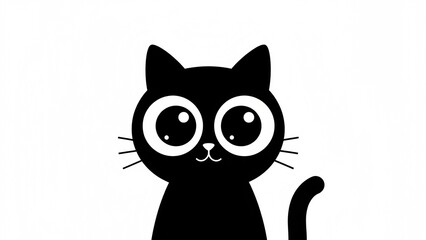Minimalist black cat cartoon icon with big round eyes and simple shapes. Clean flat silhouette style on white background, ideal for logos, stickers, apps, and modern graphic design.