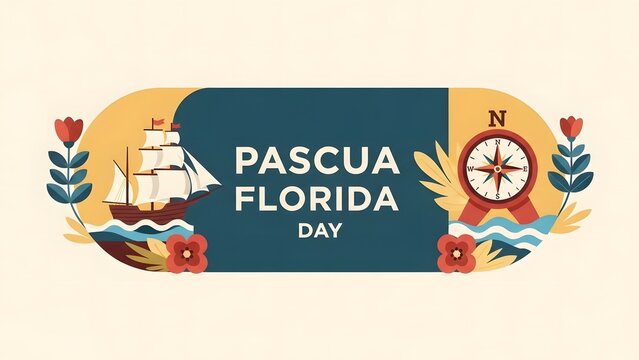 Flat vector illustration banner for Pascua Florida Day, featuring symbolic elements of early exploration