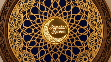 Obraz premium Ornate Golden Pattern on Dark Blue Background with Ramadan Kareem Inscription