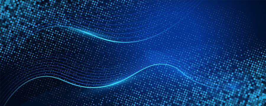 Abstract Blue Digital Wave Background with Pixel Dots and Glowing Curved Lines, Futuristic Data Flow Technology Design for AI, Network Connection, Innovation Presentation, Website Banner and Cyber Tec