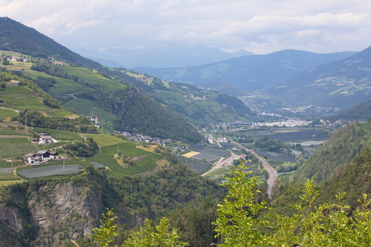 View of the Eisack Valley with the A22 motorway at Brixen in South Tyrol, Italy.