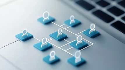 Human resources networking concept with 3D person icon on blue podium connected by lines representing leadership and talent acquisition