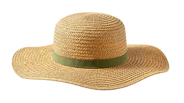 Wide-brim straw gardening hat with green ribbon on white background, copy space