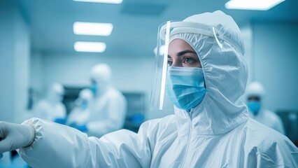 Person in full white hazmat suit, face shield, and medical mask looks focused in a sterile lab