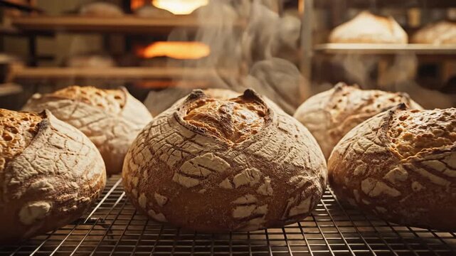 Freshly baked artisan sourdough bread loaves cooling with visible steam in a bakery display