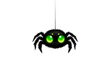 Black cute cartoon spider with big green eyes hanging on a web string, ready for halloween, transparent background