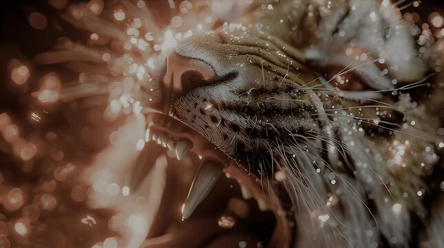 赤い光の粒子が炸裂する暗闇の中で咆哮する野生の虎のクローズアップシネマティック映像