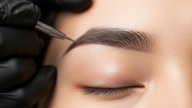 Close-up of a person's eyebrow receiving a cosmetic tattoo procedure, with a gloved hand holding the tool