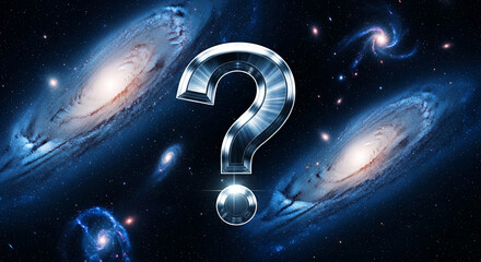 Image of question mark with metallic texture over galaxy background, showcasing inquiry, uncertainty, or exploration into universe or unknown topics