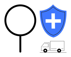 Obraz premium Search, healthcare security, medicine delivery, logistics, safety, medical transportation. Magnifying glass, blue shield with cross truck vector design. Search and healthcare security