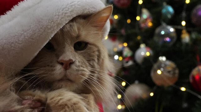 A fluffy cat wearing a Santa hat in front of a Christmas tree