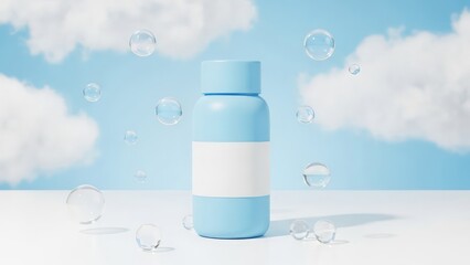 Light blue product bottle with white label, surrounded by floating bubbles against a cloudy blue sky