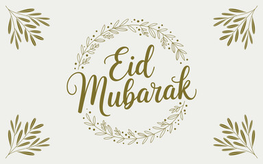 Obraz premium A decorative Eid Mubarak greeting with calligraphic script and a golden olive branch wreath on a light background.