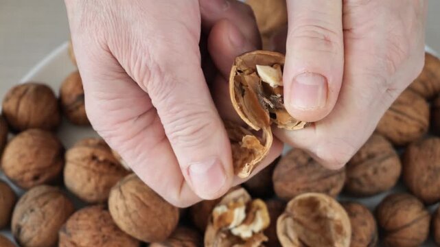Close-up view of male hands cracking a walnut open over a bowl full of nuts.