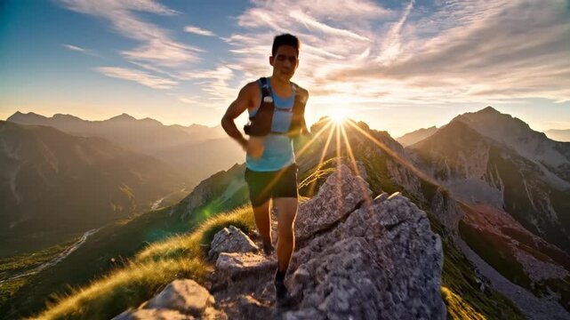 A trail runner climbs rugged alpine ridges at sunset with mountains, sky and sunburst sweeping glow