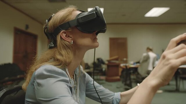 Medium shot showing a stenographer exploring varied VR scenarios in a controlled environment focusing on different courtroom situations for comprehensive training.