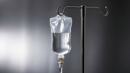 A clear IV fluid bag hangs from a metal stand in a bright, clinical setting, ready for medical use