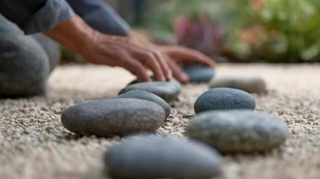 Closeup of hands arranging smooth stone pet markers in a serene garden setting symbolizing enduring tribute through durable elegant materials.