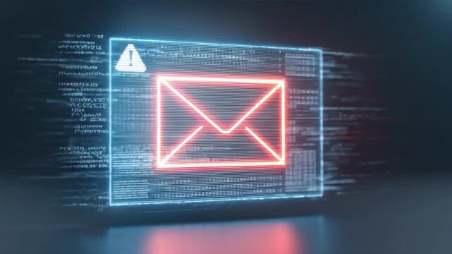 A digital representation of an alert mail icon, highlighting cybersecurity and communication. Futuristic style.
