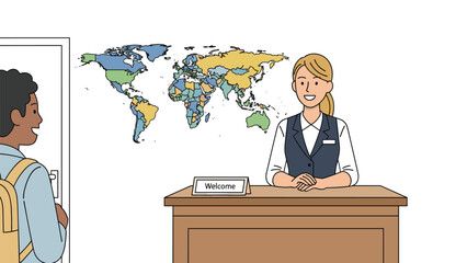 A friendly female hotel receptionist with a welcoming smile attentively greets a guest, standing behind a counter with a "Welcome" sign, and a colorful world map adorning the wall behind her.