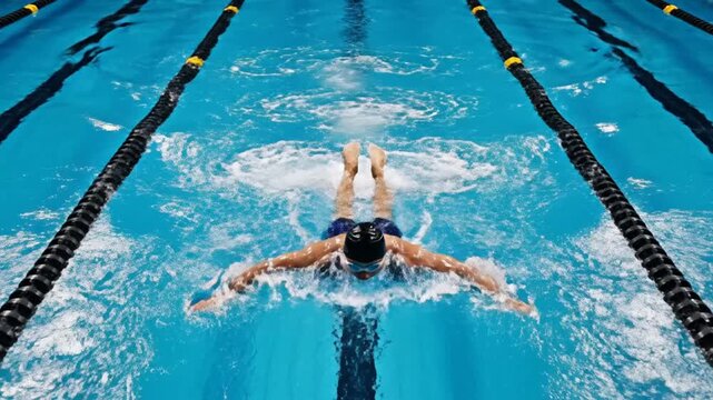 An underwater swimmer glides between lane ropes in a bright blue pool, creating ripples and spray!!!