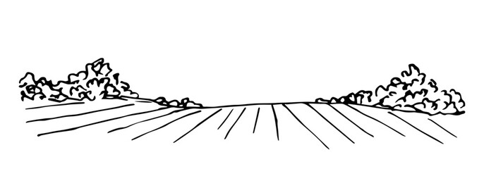 Farm fields, cultivation of agricultural plants, plantations. Plowing, rows of furrows, soil for crops. Nature and landscape, bushes. Ink sketch, vector drawing with black outline.