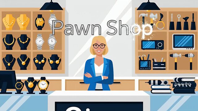 Cartoon Pawn Shop With Smiling Woman Behind The Counter Full of Jewelry