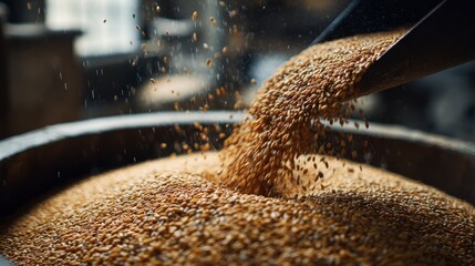 Medium shot capturing cereal grains being traded peertopeer in a blockchainpowered decentralized supply chain platform ensuring traceability.