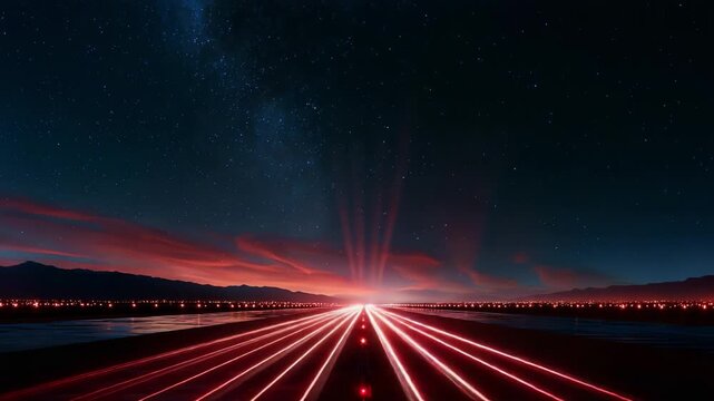 A Serene Night Sky with Brilliant Starry Landscape and Radiant Light Trails Stretching Over an Endless Horizon at Dusk Amidst Mountain Silhouettes