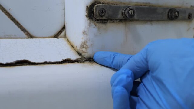 A gloved hand pointing out mold and mildew in a dirty bathroom corner