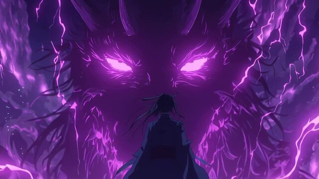 anime warrior facing purple monster with lightning