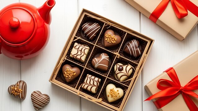 Overhead view of assorted chocolates in a wooden box with gifts and a red teapot on a white wooden table. - Powered by Adobe
