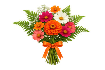 Obraz premium Colorful flower bouquet featuring zinnias, cosmos, and ferns, tied with an orange ribbon, celebrating special occasions