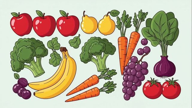 Group of Colorful Cartoon Fruits and Vegetables Healthy Eating Graphic