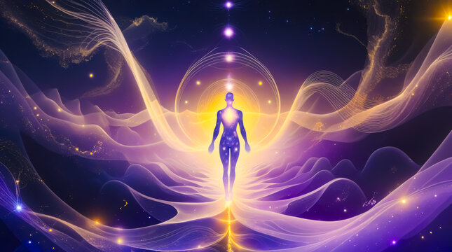Silhouette of a human figure, fractal patterns, cosmic light rays, purple tone. Chakras. Enlightenment, transformation, spiritual awakening. Sci-fi, spirituality, futuristic, meditation, metaphysic