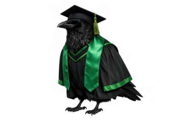 Raven wearing academic cap, gown, and green stole, symbolizing knowledge, education, and success on transparent background