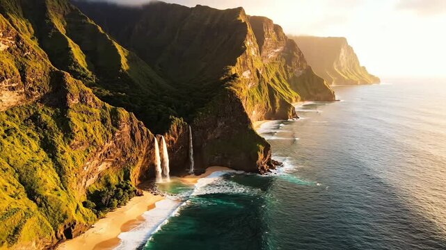 Sunlit rugged coastline with emerald cliffs, cascading waterfalls, and turquoise seas at dawn. Glow!